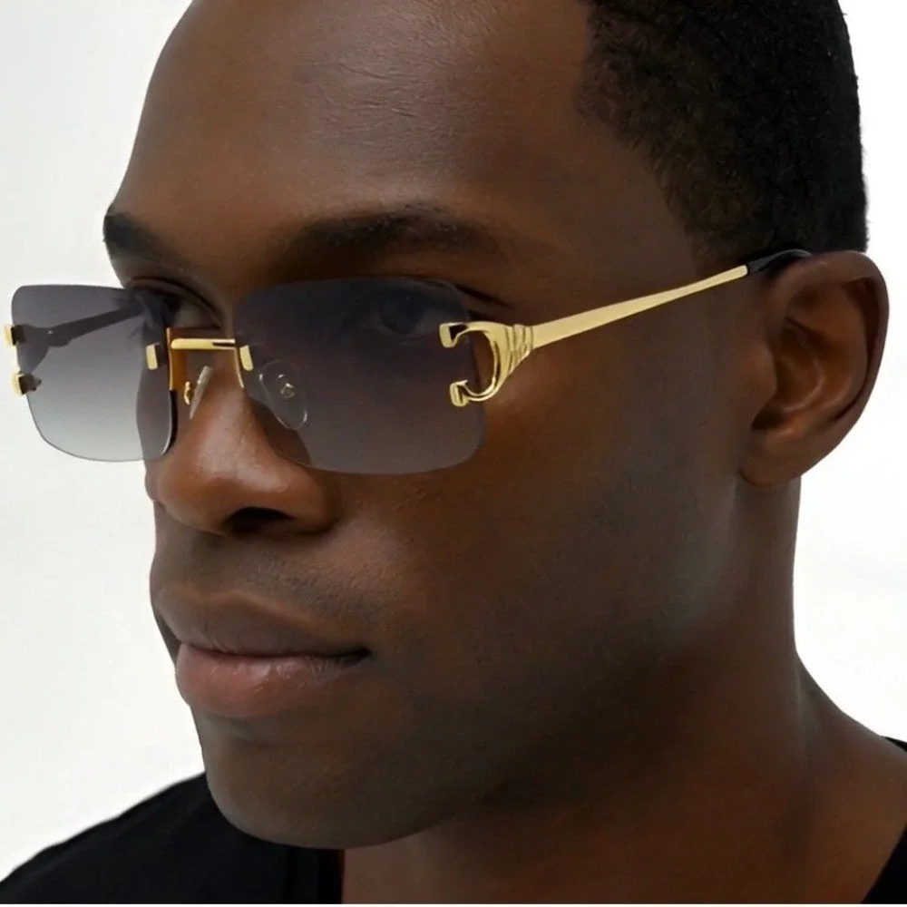 Rimless Rectangle Sunglasses Gold Frame Green Lens Fashion Shades Men Street New